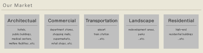 Our Market
Architectual
hotels,public buildings,medical centers,welfare facilities...etc.

Commercial
department stores,shopping malls,supermarkets,retail shops...etc.

Transportation
pachinko parlors,game arcades,karaoke dubs,casinos...etc.

Landscape
redevelopment areas,parks ...etc.

Residential
high-end residential buildings ...etc.
